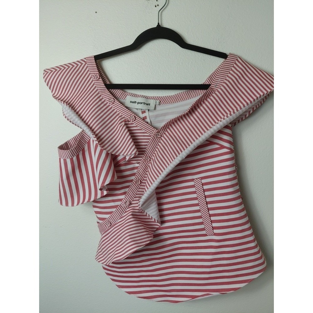 SelfPortrait White& Red Striped Cotton Frilled Sleeveless Top‎ Sz 2